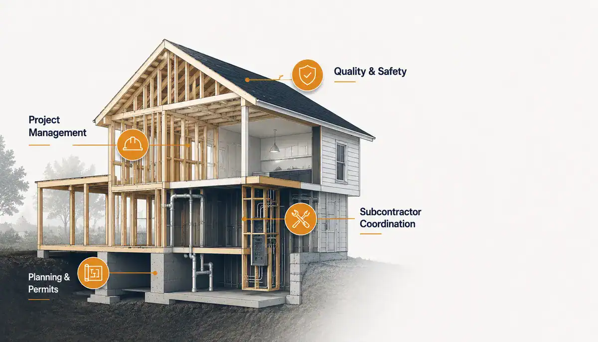 General contractor responsibilities including planning, permits, project management, subcontractor coordination, and quality and safety