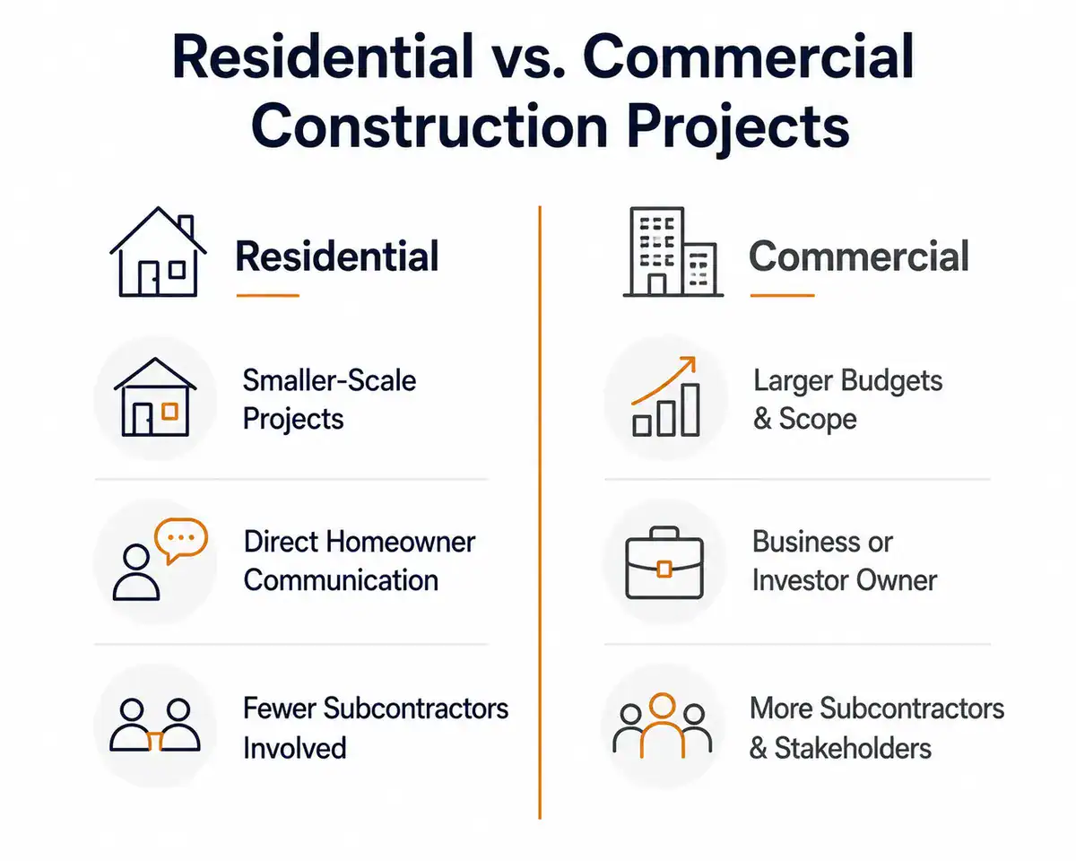 Comparison of residential and commercial construction projects by scale, ownership, and subcontractor coordination
