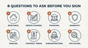 Infographic showing 8 icon-based questions to ask a Bay Area custom home builder before signing a contract.