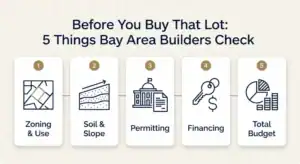 Infographic showing five things Bay Area builders check before buying a lot: zoning, soil and slope, permitting, financing, and total budget.