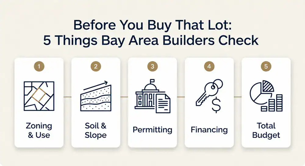 Infographic showing five things Bay Area builders check before buying a lot: zoning, soil and slope, permitting, financing, and total budget.
