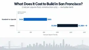 Bar chart showing San Francisco custom home costs of $450–$850 per square foot for standard-to-upscale builds and $1,000–$1,300+ for luxury builds