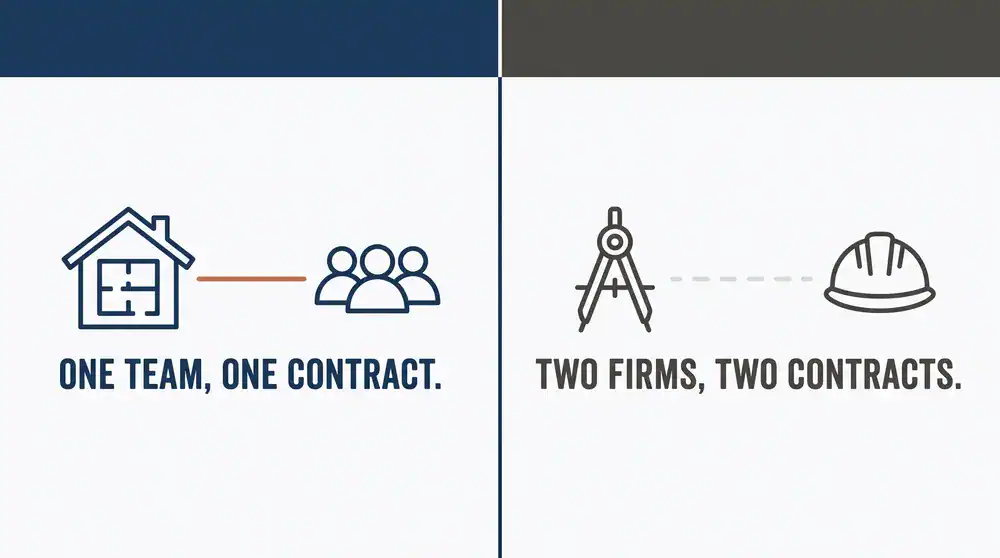 Comparison graphic showing design-build as one team with one contract versus architect and general contractor as two separate firms with two contracts.