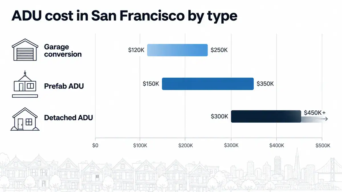 Range chart of San Francisco ADU costs: garage conversion $120K to $250K, prefab $150K to $350K, detached $300K to $450K or more.