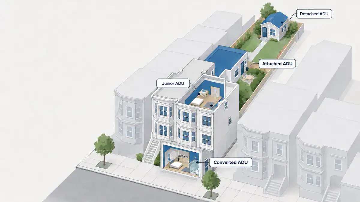 ADU regulations in San Francisco: cutaway of a row house lot with converted, attached, detached, and junior ADUs