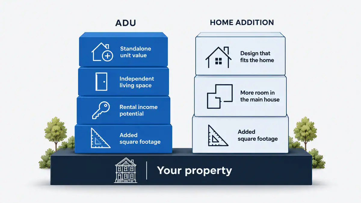 ADU vs. home addition infographic showing how each adds value to a San Francisco property: an ADU through added space, rental income, independent living, and standalone unit value, and an addition through added space, more room, and design that fits the home.