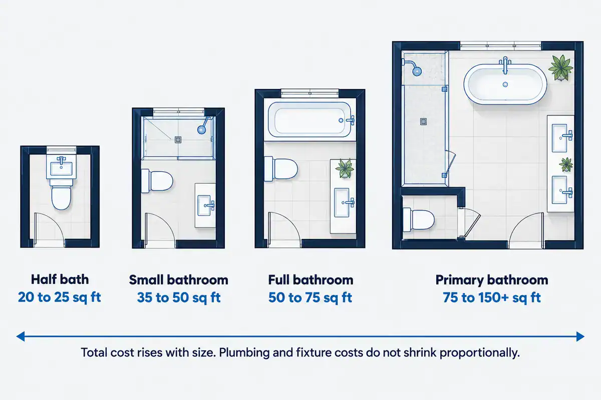 Scaled floor plans of a half bath, small bathroom, full bathroom, and primary bathroom, from 20 to 150+ square feet.