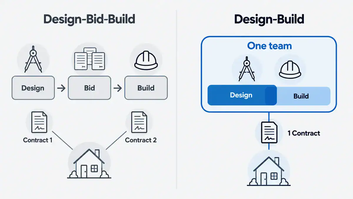 Diagram comparing design-bid-build, with separate design, bid, and build phases and two contracts, to design-build with one team and one contract.