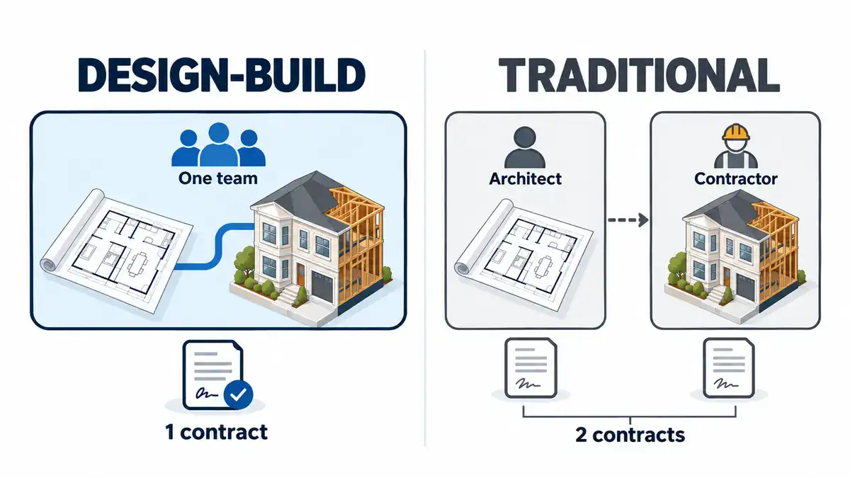 Comparison graphic: design-build connects design and construction under one team and one contract; traditional delivery uses an architect and a contractor with two contracts.