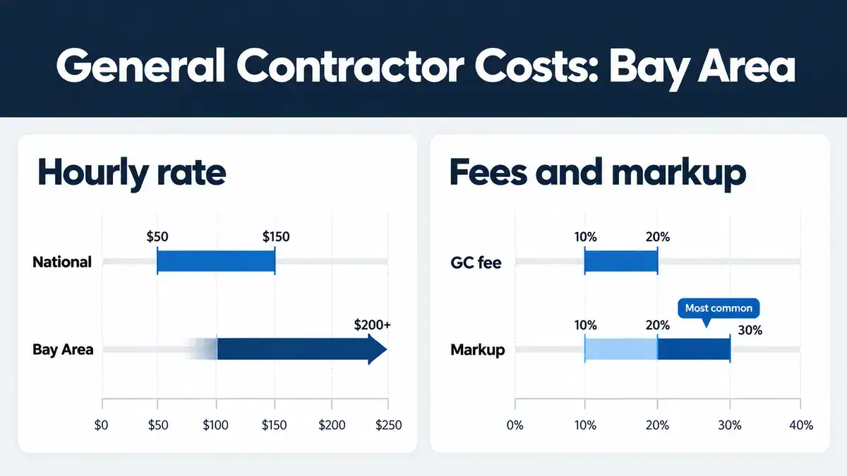 Range chart of general contractor costs: hourly rates of $50 to $150 nationally and over $200 in the Bay Area, fees of 10% to 20%, and markup of 10% to 30%.