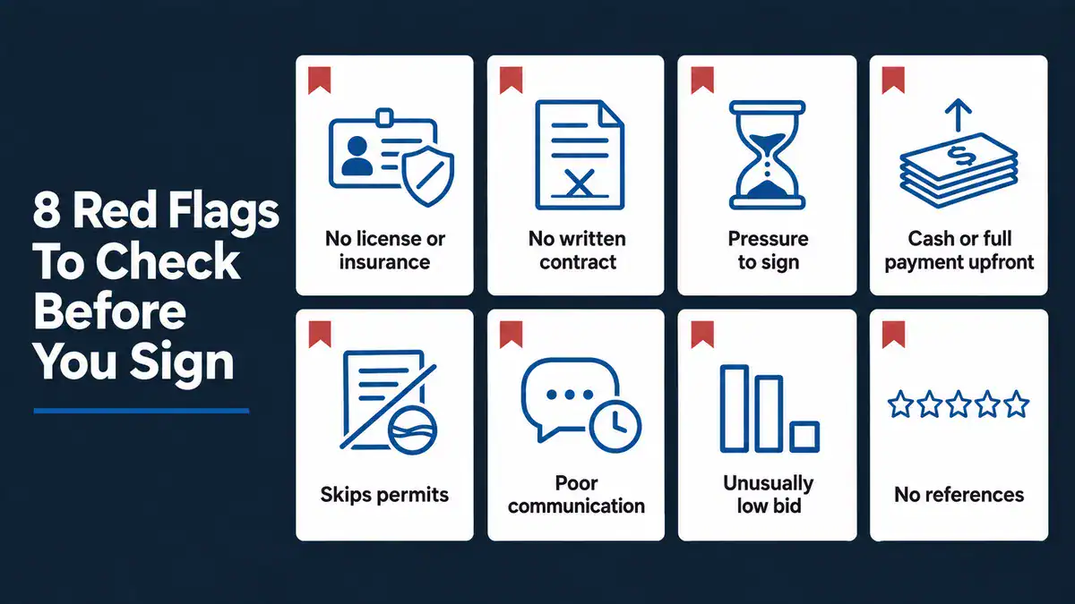 Infographic of eight general contractor red flags: no license or insurance, no written contract, pressure to sign, cash or full payment upfront, skipped permits, poor communication, unusually low bid, and no references.