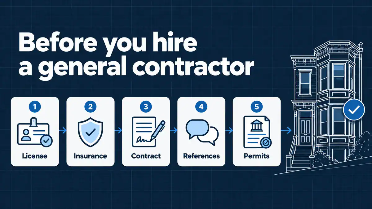 Checklist for hiring a general contractor in San Francisco: license, insurance, contract, references, and permits.
