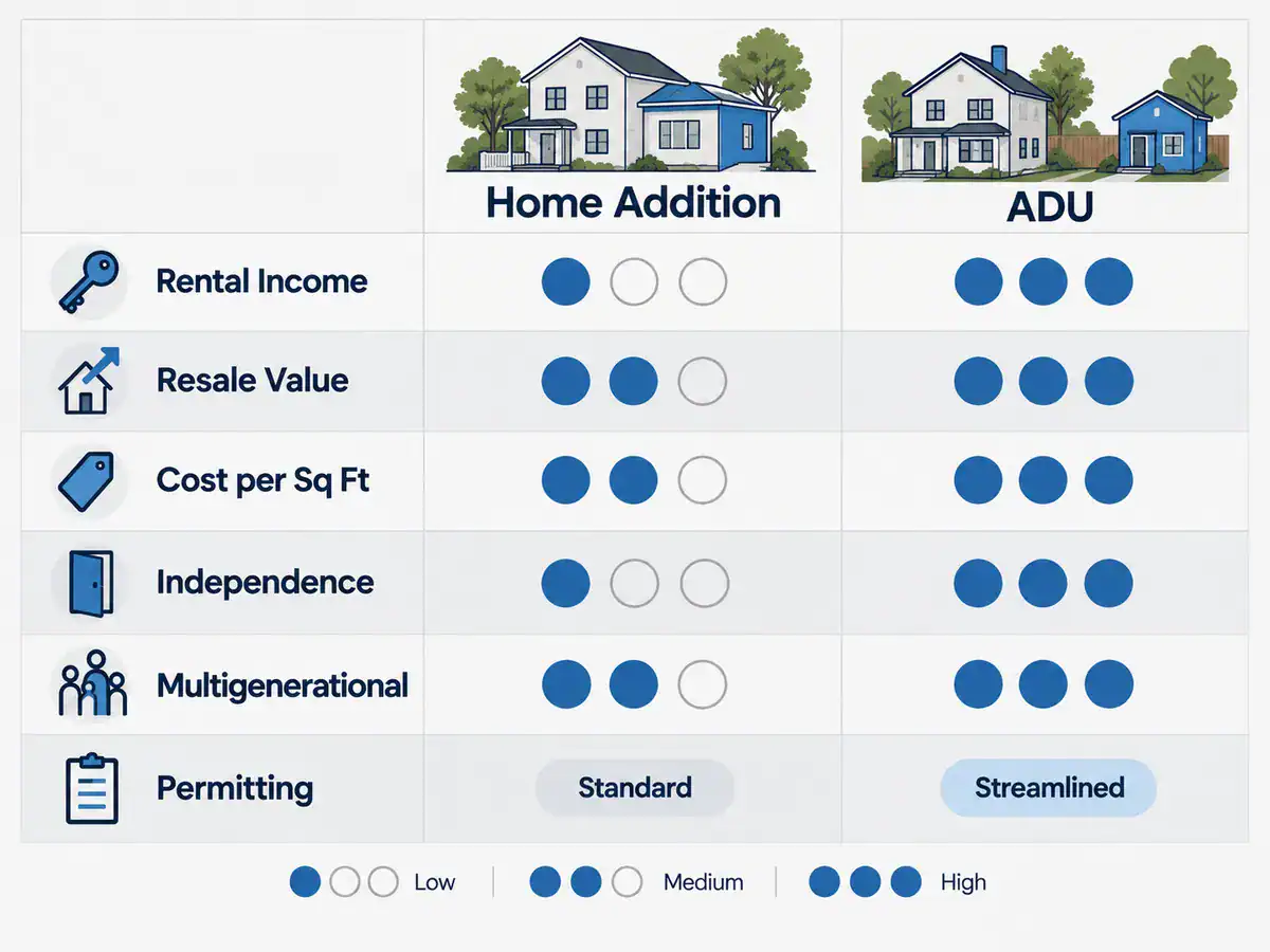 Chart rating home additions and ADUs on rental income, resale value, cost per square foot, independence, multigenerational fit, and permitting