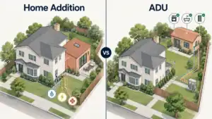 Side-by-side illustration comparing a home addition attached to a house with a detached ADU that has its own utilities and entrance