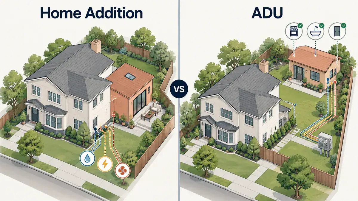 Side-by-side illustration comparing a home addition attached to a house with a detached ADU that has its own utilities and entrance