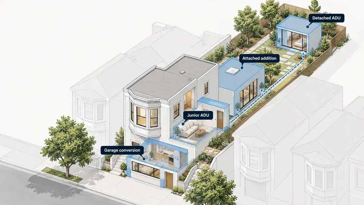 Illustration of a San Francisco lot showing four ADU options: garage conversion, junior ADU, attached addition, and detached ADU.