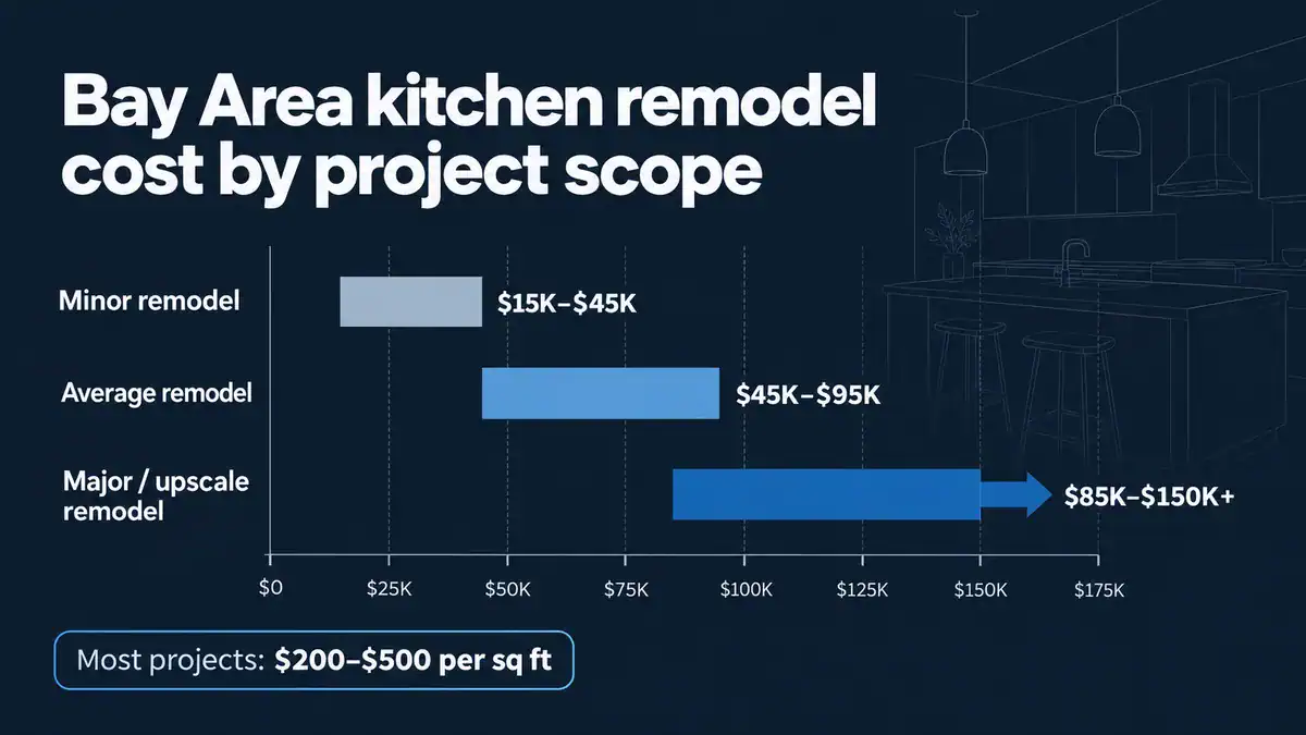 Chart of Bay Area kitchen remodel cost by project size: minor $15K to $45K, average $45K to $95K, major $85K to $150K and up