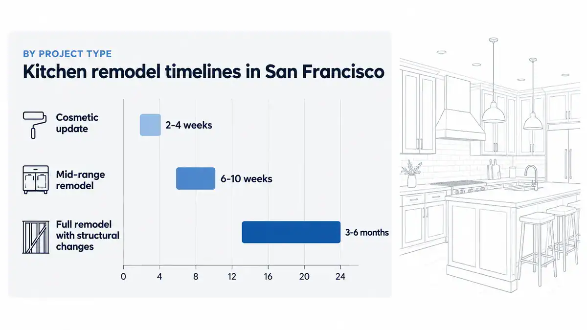 Chart of San Francisco kitchen remodel timelines: cosmetic update 2-4 weeks, mid-range remodel 6-10 weeks, full remodel 3-6 months.