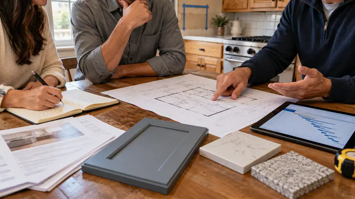 Homeowners asking a kitchen remodeling contractor questions while reviewing a floor plan, cabinet and countertop samples, and a schedule.