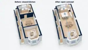 Before-and-after floor plan of a San Francisco flat, showing a closed kitchen opened into the dining and living rooms.