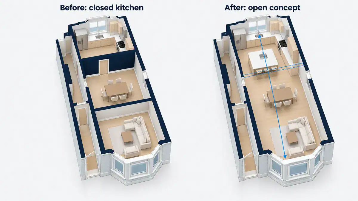 Before-and-after floor plan of a San Francisco flat, showing a closed kitchen opened into the dining and living rooms.