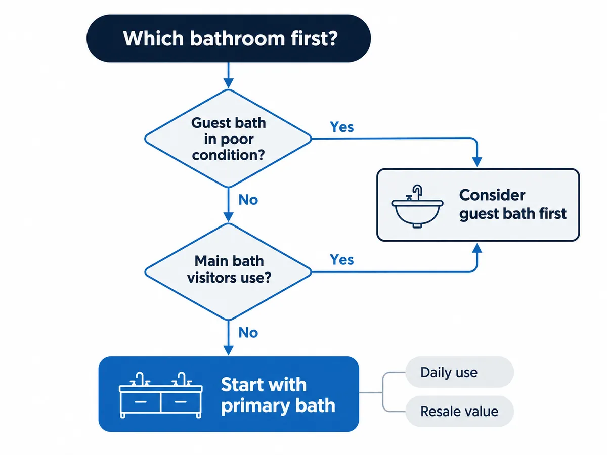 Flowchart showing to start with the primary bathroom unless the guest bathroom is in poor condition or is the main bath visitors use.