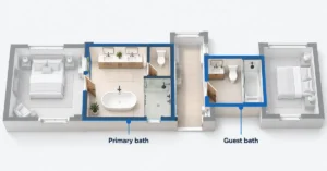 Isometric floor plan showing a primary bathroom attached to the primary bedroom and a smaller guest bathroom off the hallway.