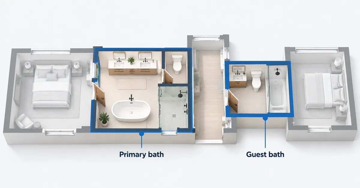 Isometric floor plan showing a primary bathroom attached to the primary bedroom and a smaller guest bathroom off the hallway.