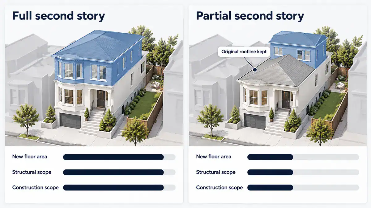 Side-by-side comparison of a full second story addition and a partial addition, showing relative floor area and structural scope.
