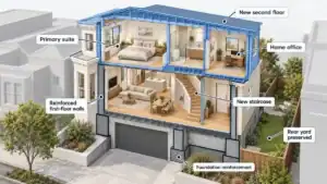 Cutaway diagram of a San Francisco second story addition showing a new staircase, reinforced walls, and foundation reinforcement.