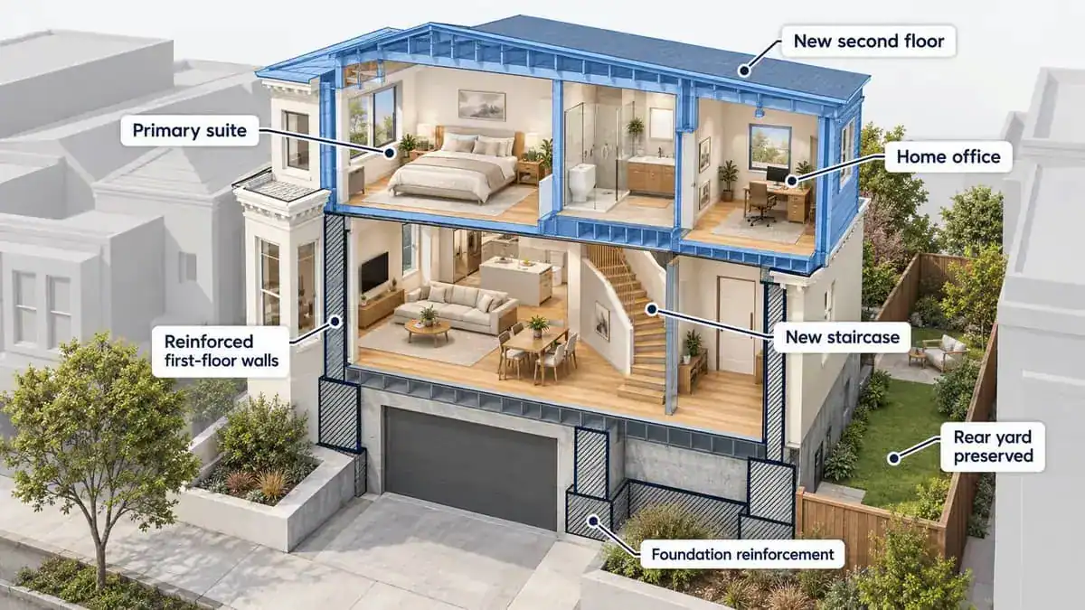 Cutaway diagram of a San Francisco second story addition showing a new staircase, reinforced walls, and foundation reinforcement.