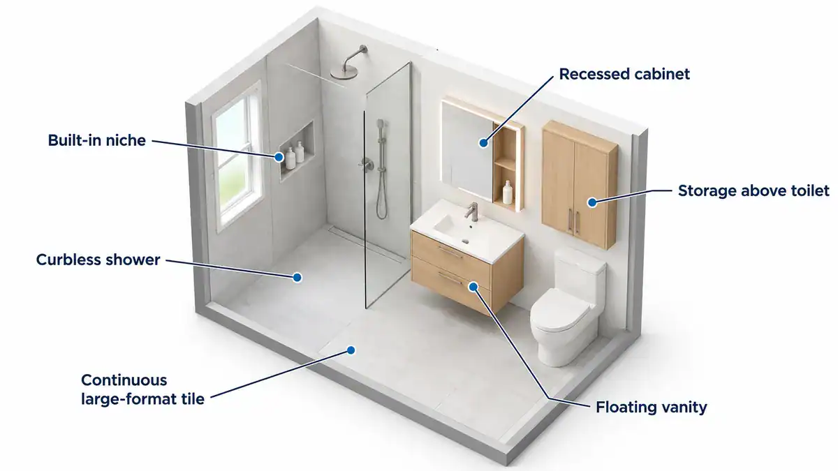 Isometric diagram of a small bathroom remodel layout with a curbless shower, floating vanity, recessed cabinet, built-in niche, storage above the toilet, and continuous large-format tile