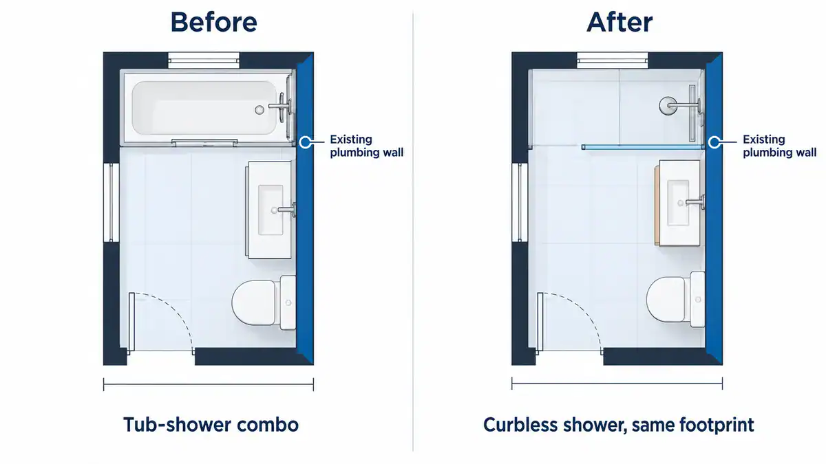 Before and after floor plans of a small bathroom where a tub-shower combo is replaced by a curbless shower on the existing plumbing wall