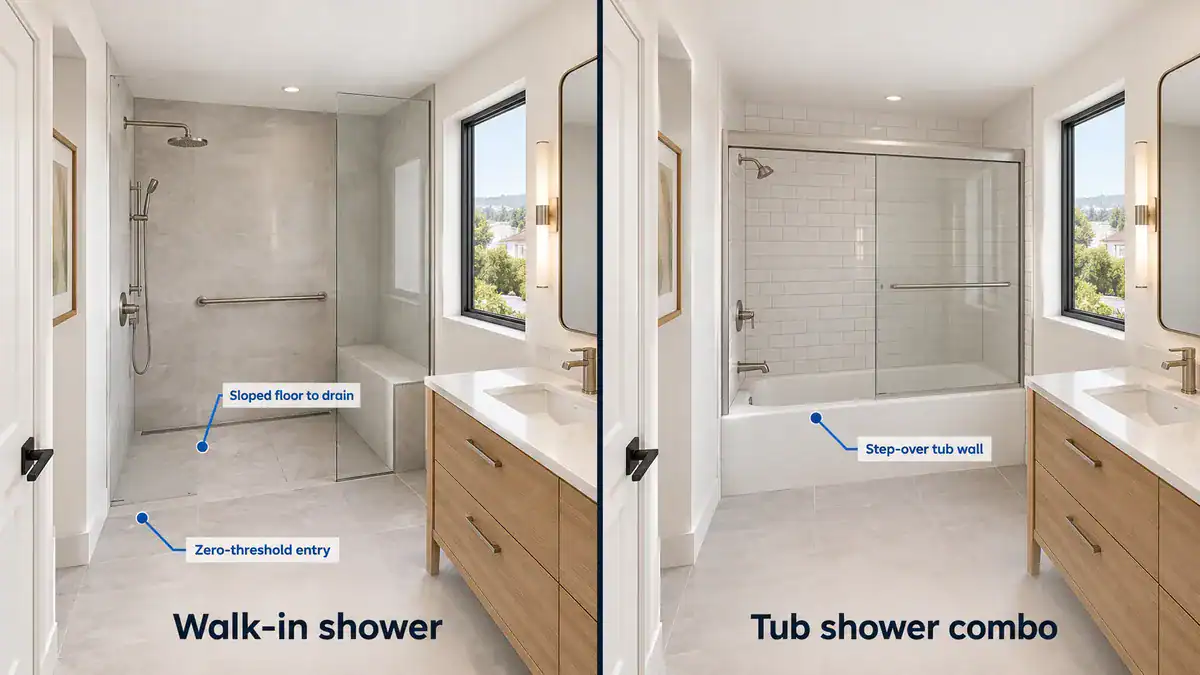 Cutaway of a curbless walk-in shower showing sloped floor, linear drain, shower bench, grab bar, glass panel, and exhaust fan