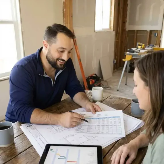 Pre-construction budgeting and scheduling Design-build general contractor reviewing pre-construction budget and project schedule with homeowner, San Francisco Bay Area remodel